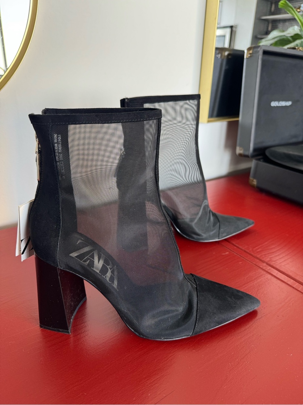 Zara Black Mesh Pointed-Toe Ankle Boots